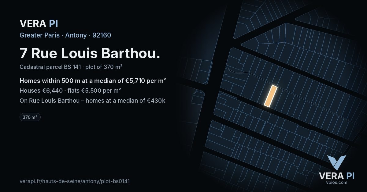 7 Rue Louis Barthou, Antony at night – the plot lit, the parcels around coloured by the prices near them