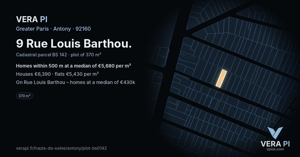 9 Rue Louis Barthou, Antony at night – the plot lit, the parcels around coloured by the prices near them