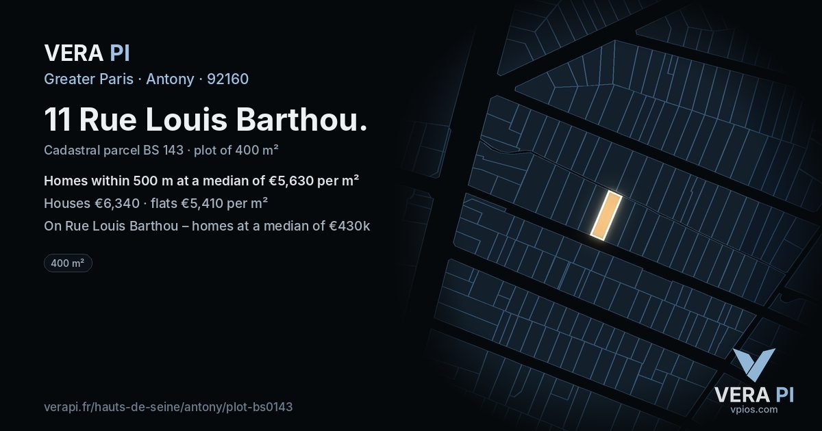 11 Rue Louis Barthou, Antony at night – the plot lit, the parcels around coloured by the prices near them