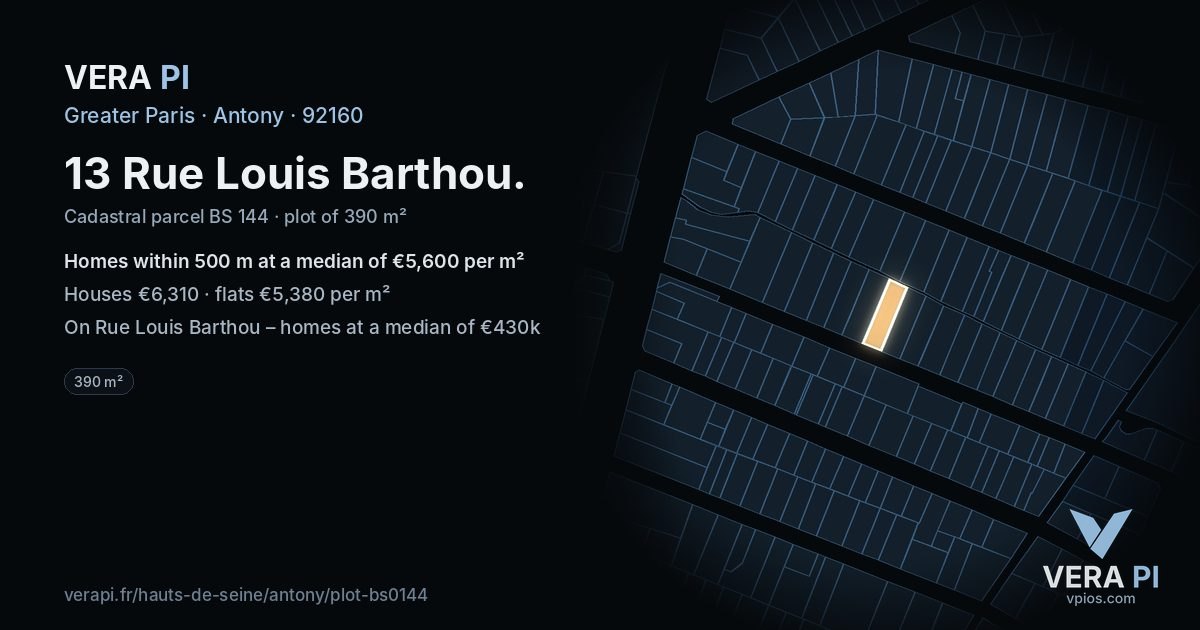 13 Rue Louis Barthou, Antony at night – the plot lit, the parcels around coloured by the prices near them
