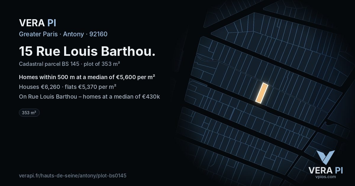 15 Rue Louis Barthou, Antony at night – the plot lit, the parcels around coloured by the prices near them