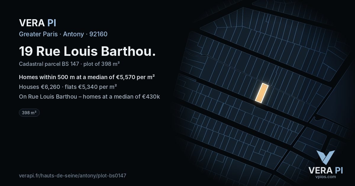 19 Rue Louis Barthou, Antony at night – the plot lit, the parcels around coloured by the prices near them