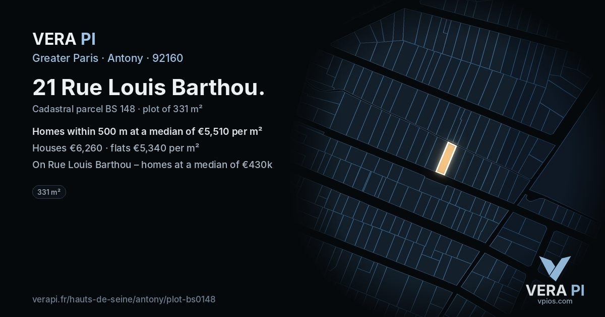 21 Rue Louis Barthou, Antony at night – the plot lit, the parcels around coloured by the prices near them