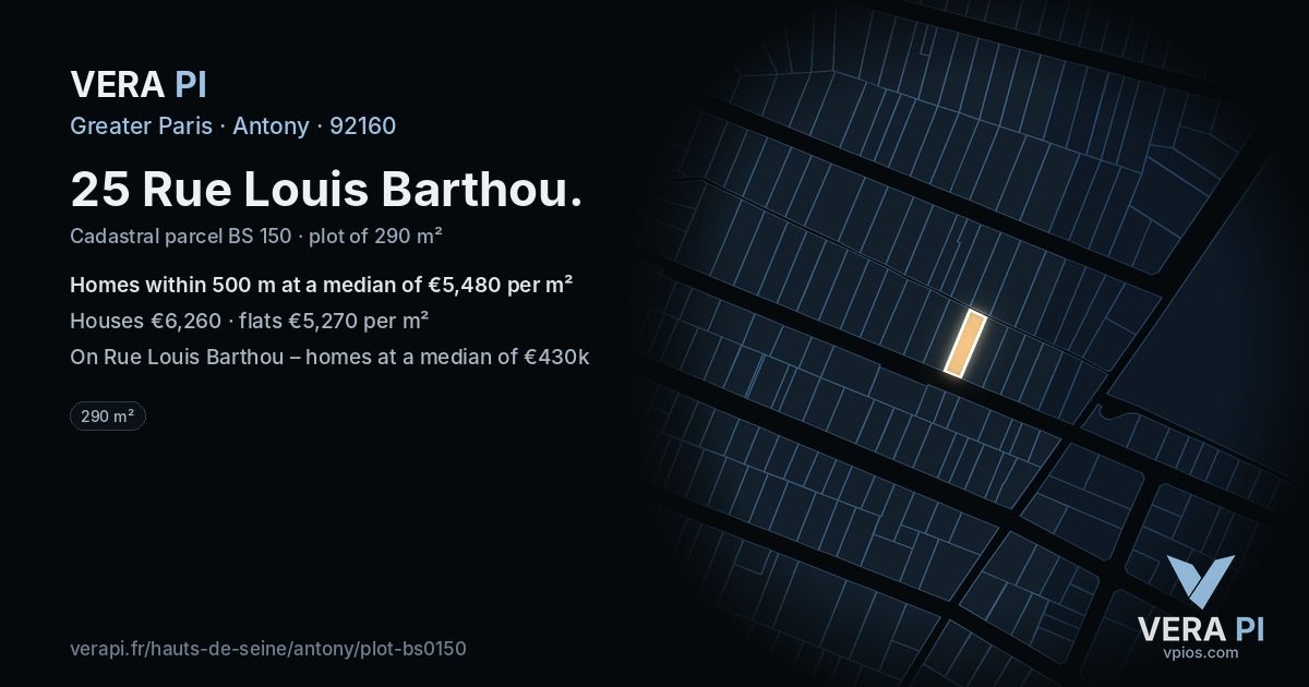25 Rue Louis Barthou, Antony at night – the plot lit, the parcels around coloured by the prices near them