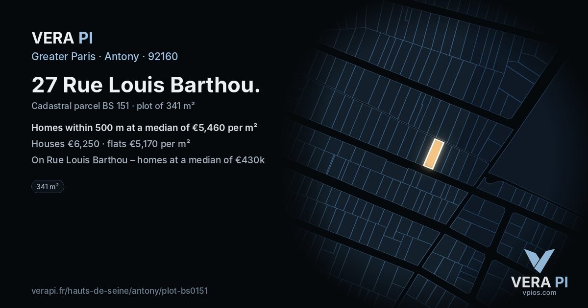 27 Rue Louis Barthou, Antony at night – the plot lit, the parcels around coloured by the prices near them