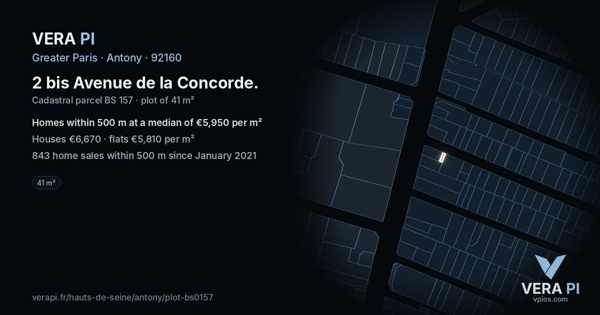 2 bis Avenue de la Concorde, Antony at night – the plot lit, the parcels around coloured by the prices near them
