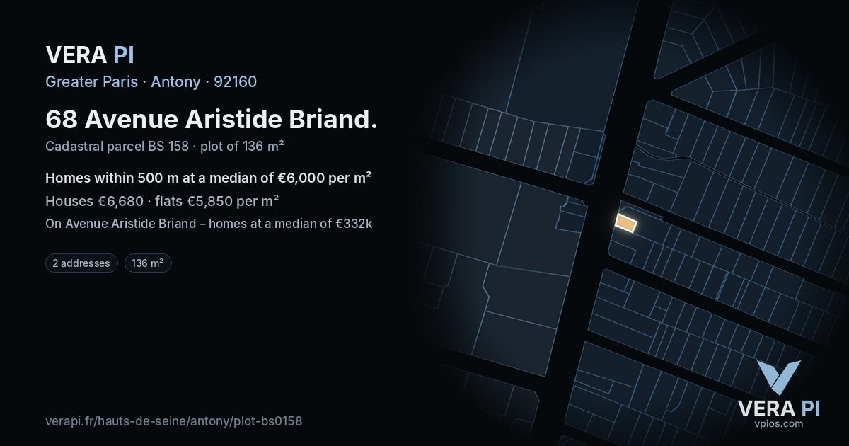 68 Avenue Aristide Briand, Antony at night – the plot lit, the parcels around coloured by the prices near them