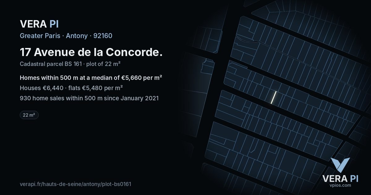 17 Avenue de la Concorde, Antony at night – the plot lit, the parcels around coloured by the prices near them