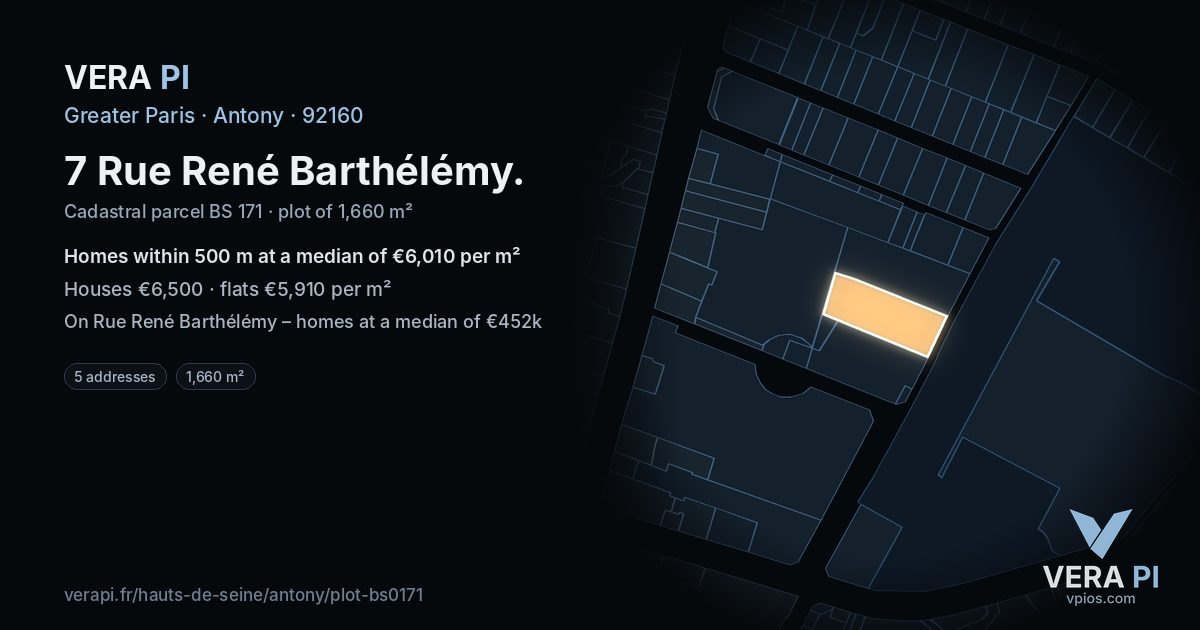 7 Rue René Barthélémy, Antony at night – the plot lit, the parcels around coloured by the prices near them