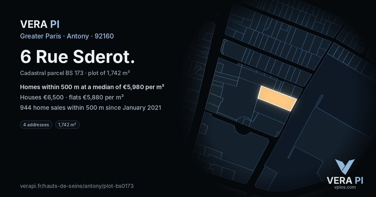 6 Rue Sderot, Antony at night – the plot lit, the parcels around coloured by the prices near them