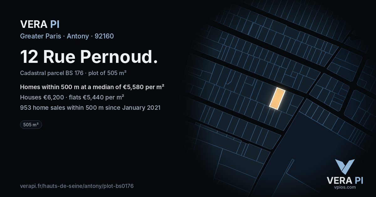 12 Rue Pernoud, Antony at night – the plot lit, the parcels around coloured by the prices near them