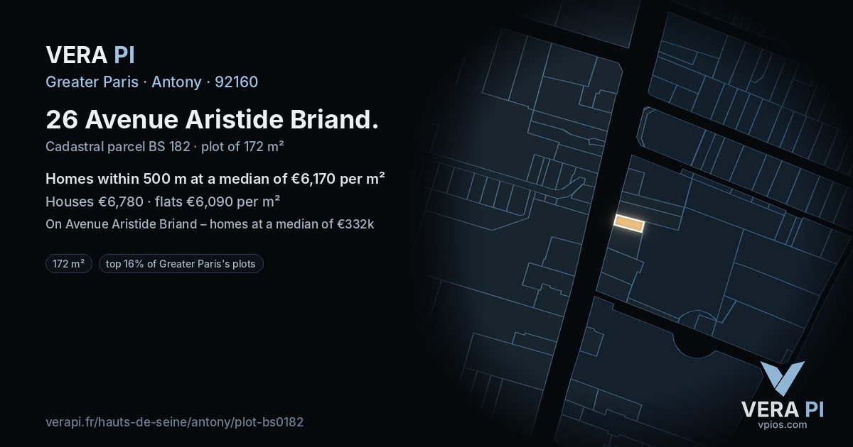 26 Avenue Aristide Briand, Antony at night – the plot lit, the parcels around coloured by the prices near them