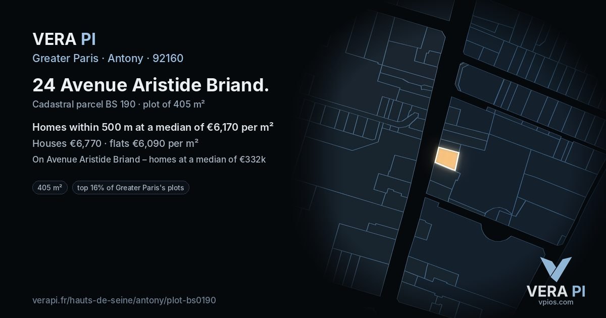 24 Avenue Aristide Briand, Antony at night – the plot lit, the parcels around coloured by the prices near them