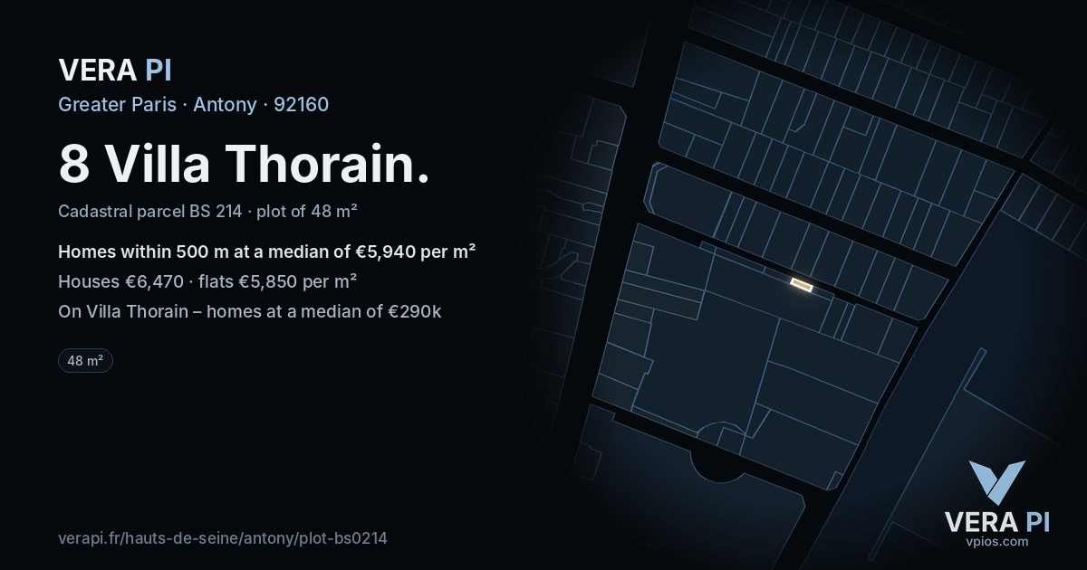 8 Villa Thorain, Antony at night – the plot lit, the parcels around coloured by the prices near them