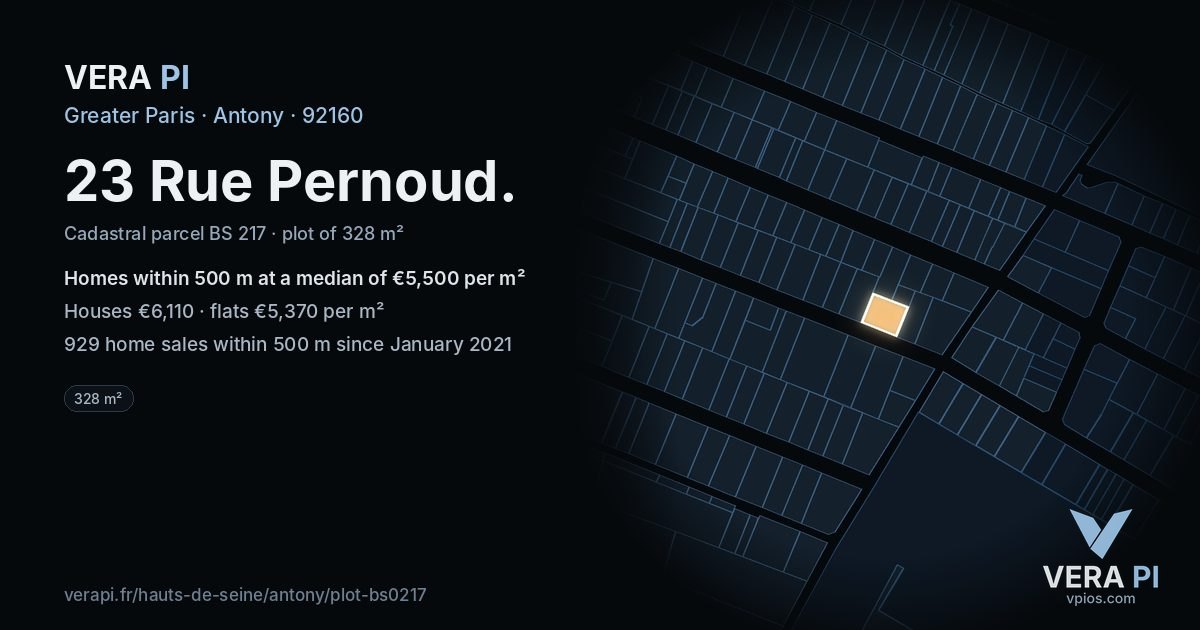 23 Rue Pernoud, Antony at night – the plot lit, the parcels around coloured by the prices near them