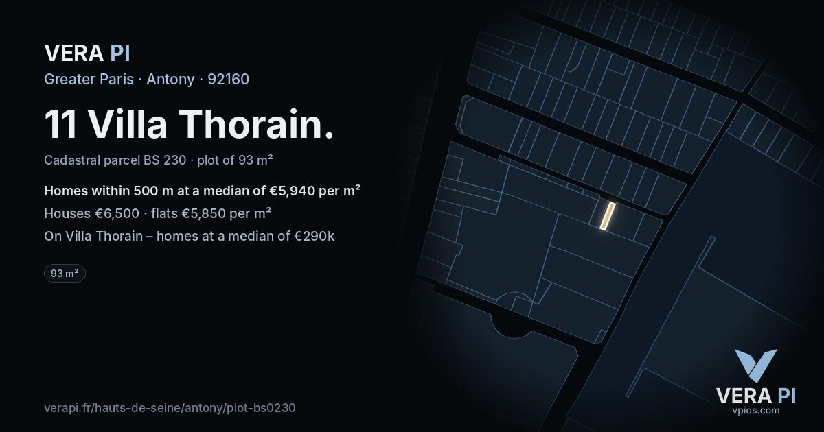 11 Villa Thorain, Antony at night – the plot lit, the parcels around coloured by the prices near them