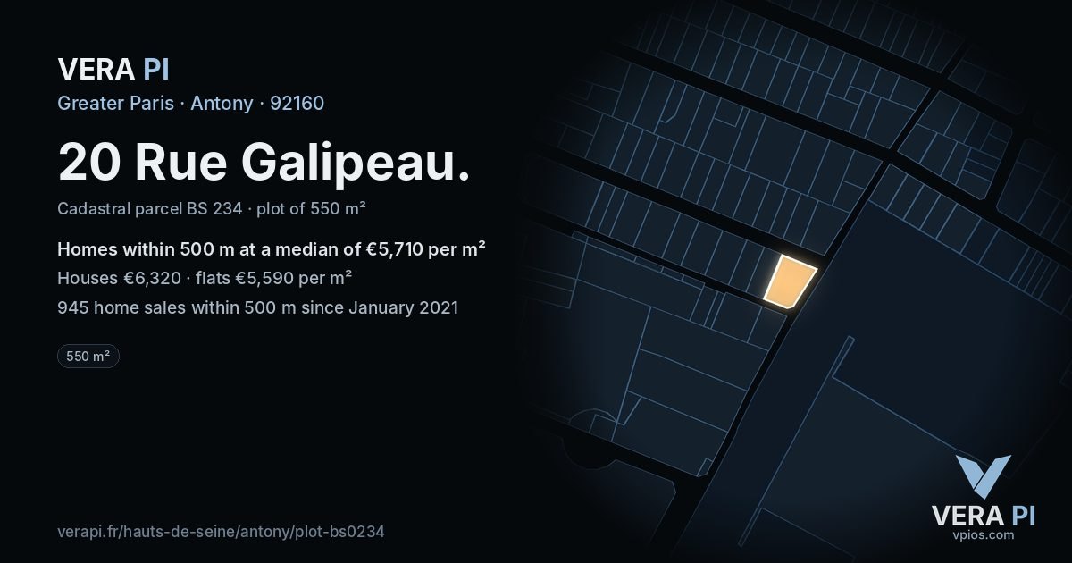 20 Rue Galipeau, Antony at night – the plot lit, the parcels around coloured by the prices near them