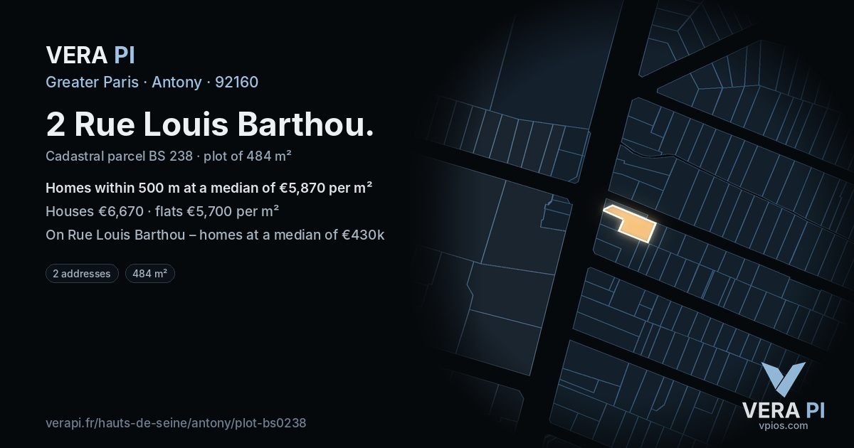 2 Rue Louis Barthou, Antony at night – the plot lit, the parcels around coloured by the prices near them
