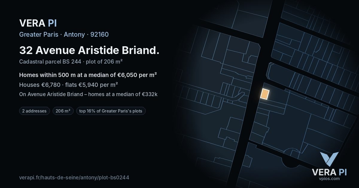 32 Avenue Aristide Briand, Antony at night – the plot lit, the parcels around coloured by the prices near them