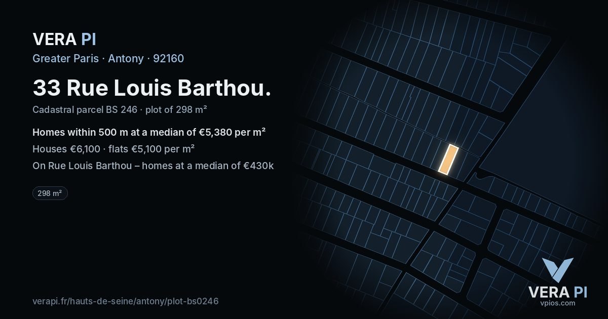 33 Rue Louis Barthou, Antony at night – the plot lit, the parcels around coloured by the prices near them