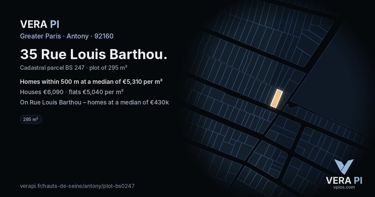 35 Rue Louis Barthou, Antony at night – the plot lit, the parcels around coloured by the prices near them