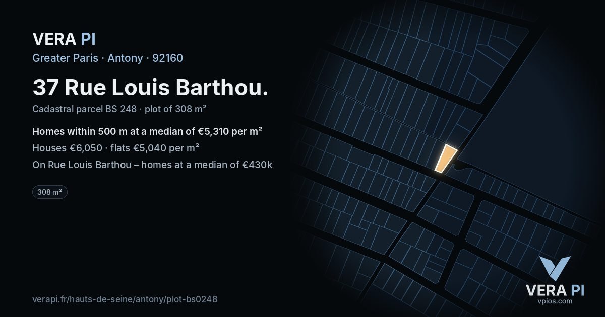 37 Rue Louis Barthou, Antony at night – the plot lit, the parcels around coloured by the prices near them