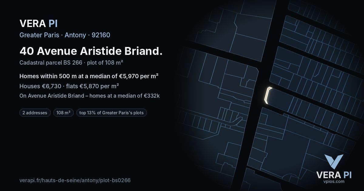 40 Avenue Aristide Briand, Antony at night – the plot lit, the parcels around coloured by the prices near them
