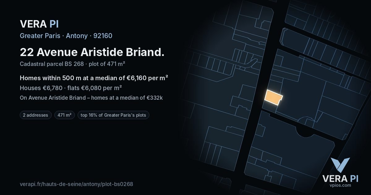 22 Avenue Aristide Briand, Antony at night – the plot lit, the parcels around coloured by the prices near them