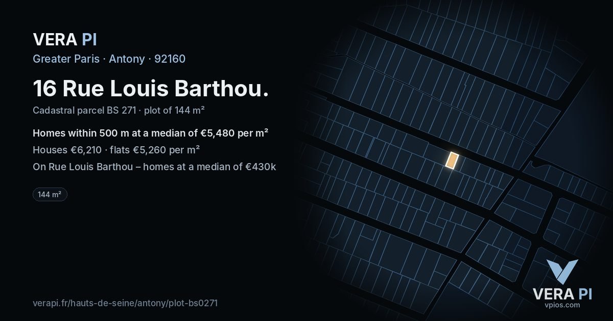 16 Rue Louis Barthou, Antony at night – the plot lit, the parcels around coloured by the prices near them