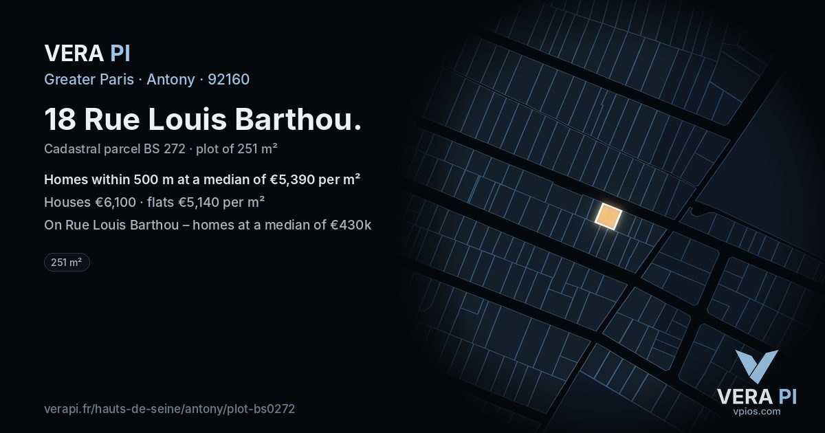 18 Rue Louis Barthou, Antony at night – the plot lit, the parcels around coloured by the prices near them