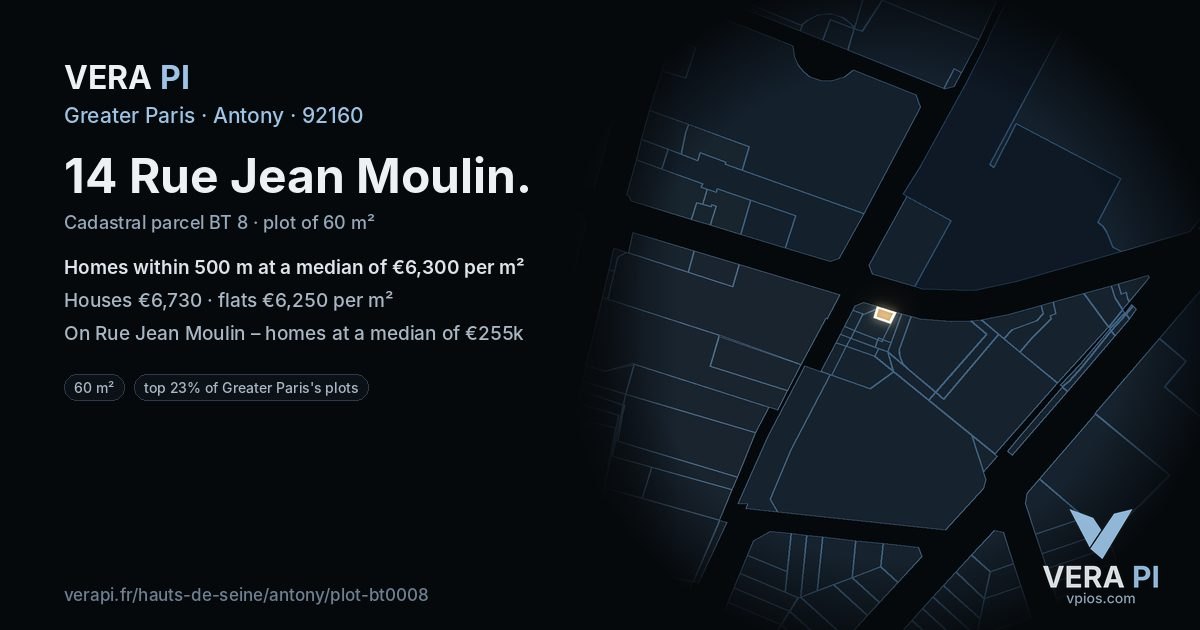 14 Rue Jean Moulin, Antony at night – the plot lit, the parcels around coloured by the prices near them