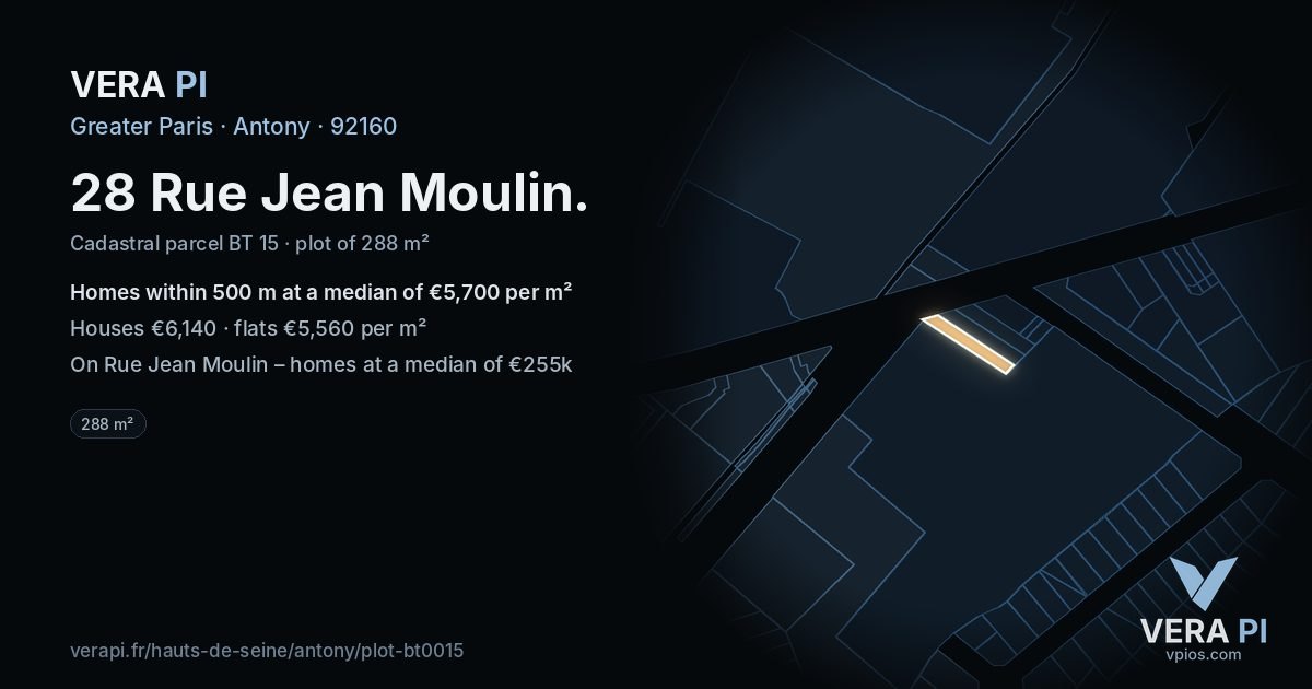 28 Rue Jean Moulin, Antony at night – the plot lit, the parcels around coloured by the prices near them
