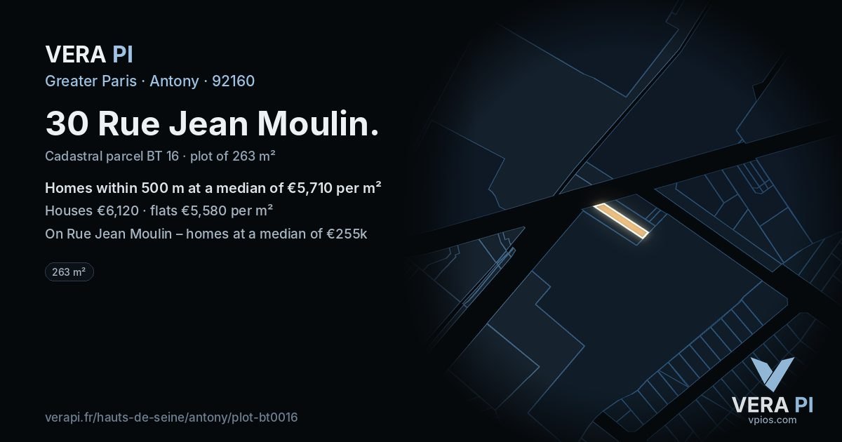 30 Rue Jean Moulin, Antony at night – the plot lit, the parcels around coloured by the prices near them