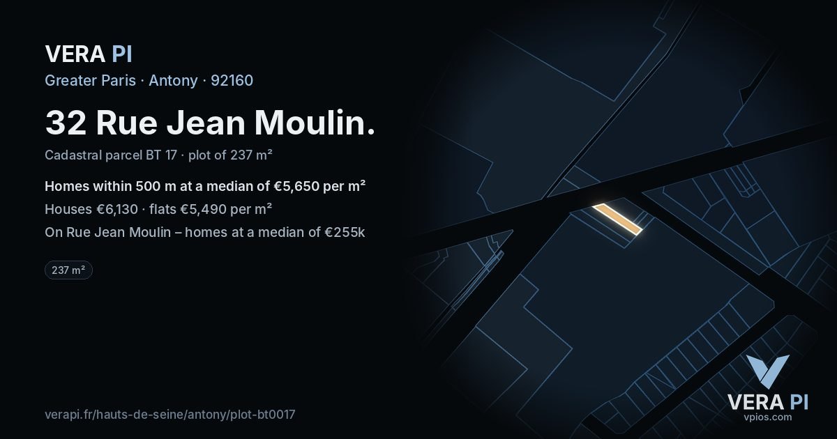 32 Rue Jean Moulin, Antony at night – the plot lit, the parcels around coloured by the prices near them
