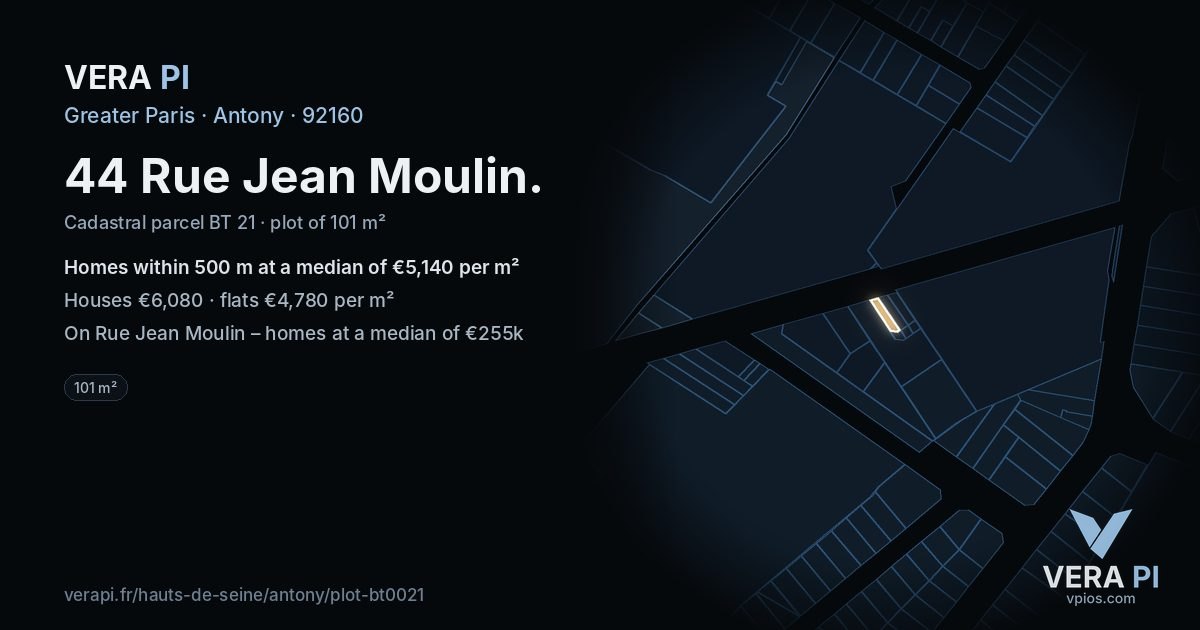 44 Rue Jean Moulin, Antony at night – the plot lit, the parcels around coloured by the prices near them