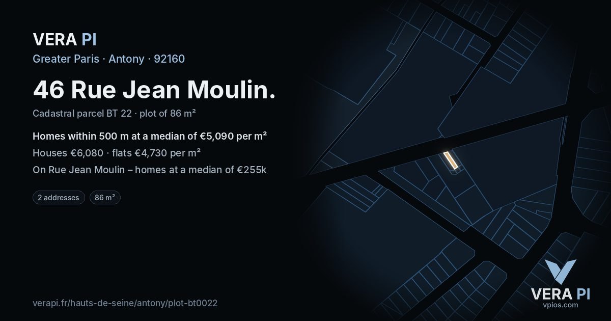 46 Rue Jean Moulin, Antony at night – the plot lit, the parcels around coloured by the prices near them
