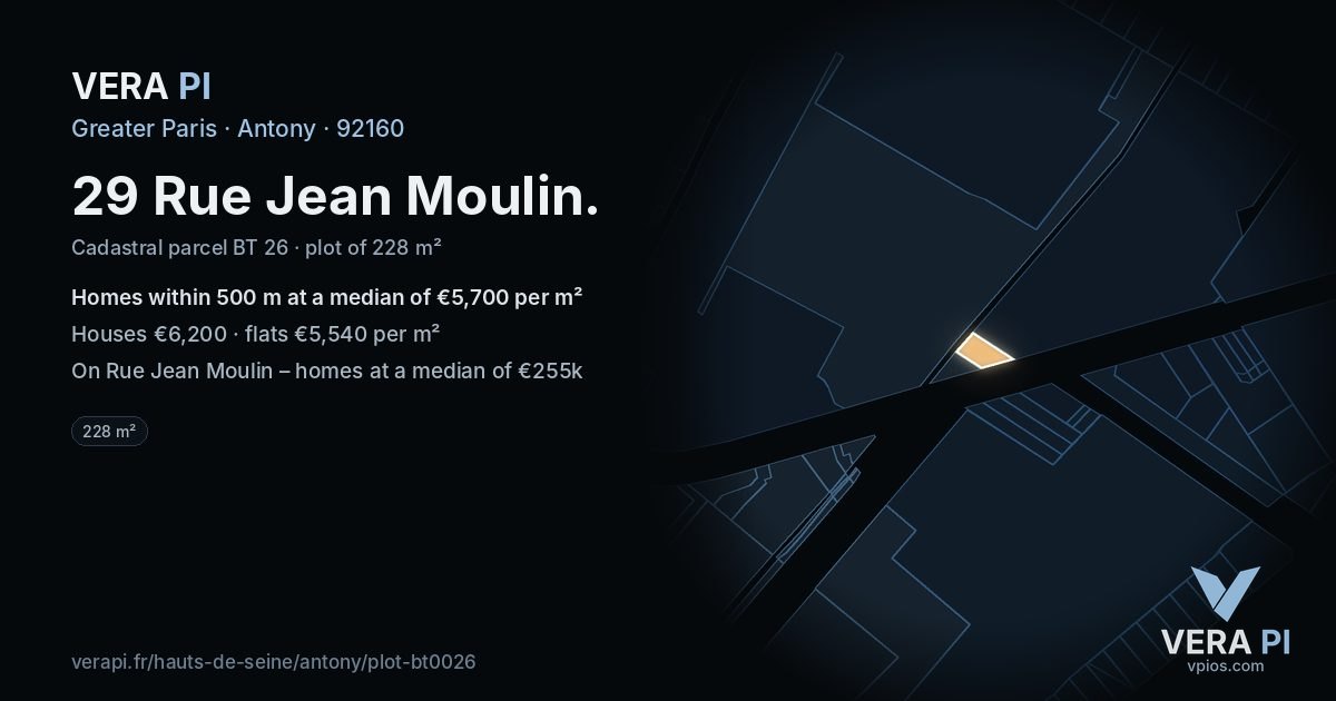 29 Rue Jean Moulin, Antony at night – the plot lit, the parcels around coloured by the prices near them