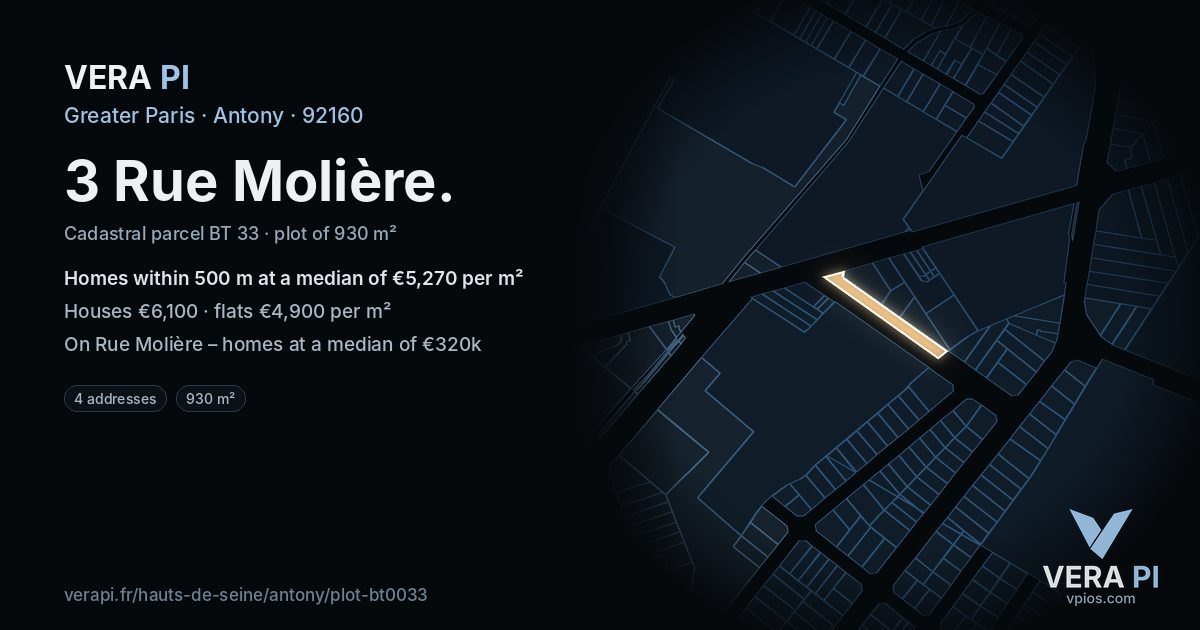 3 Rue Molière, Antony at night – the plot lit, the parcels around coloured by the prices near them