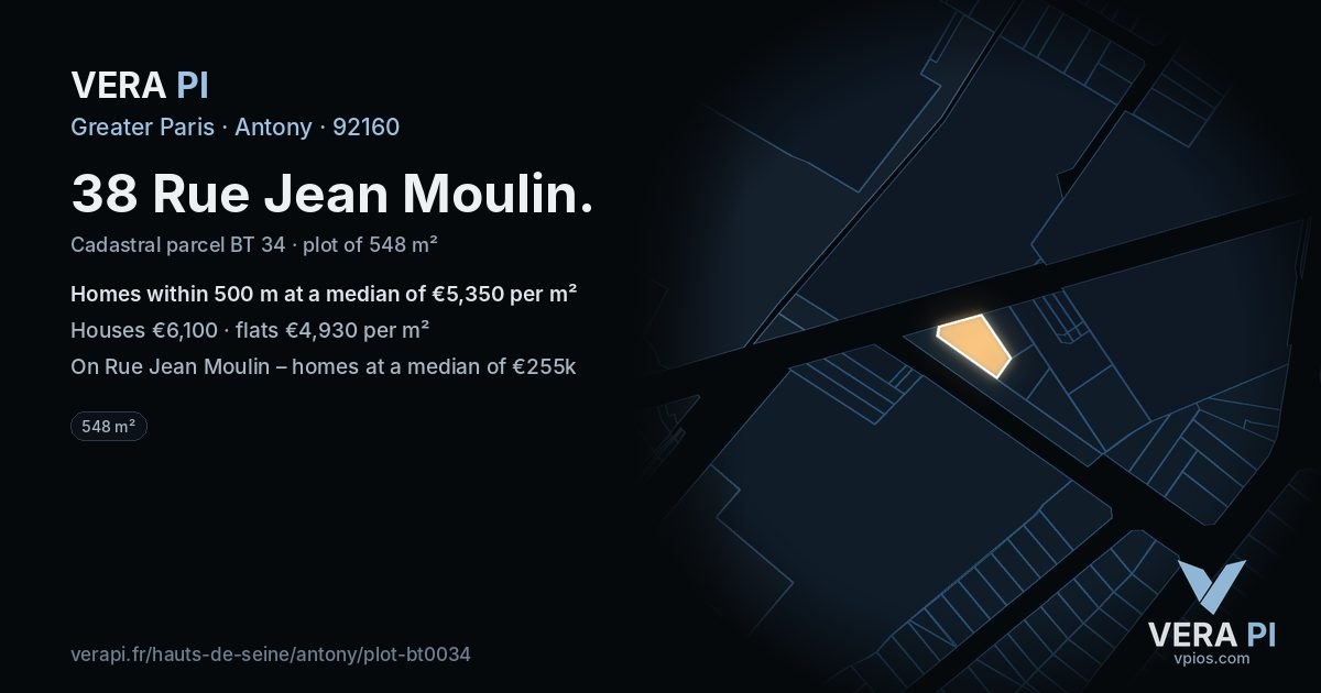 38 Rue Jean Moulin, Antony at night – the plot lit, the parcels around coloured by the prices near them