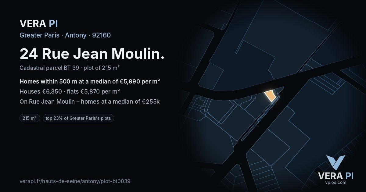 24 Rue Jean Moulin, Antony at night – the plot lit, the parcels around coloured by the prices near them