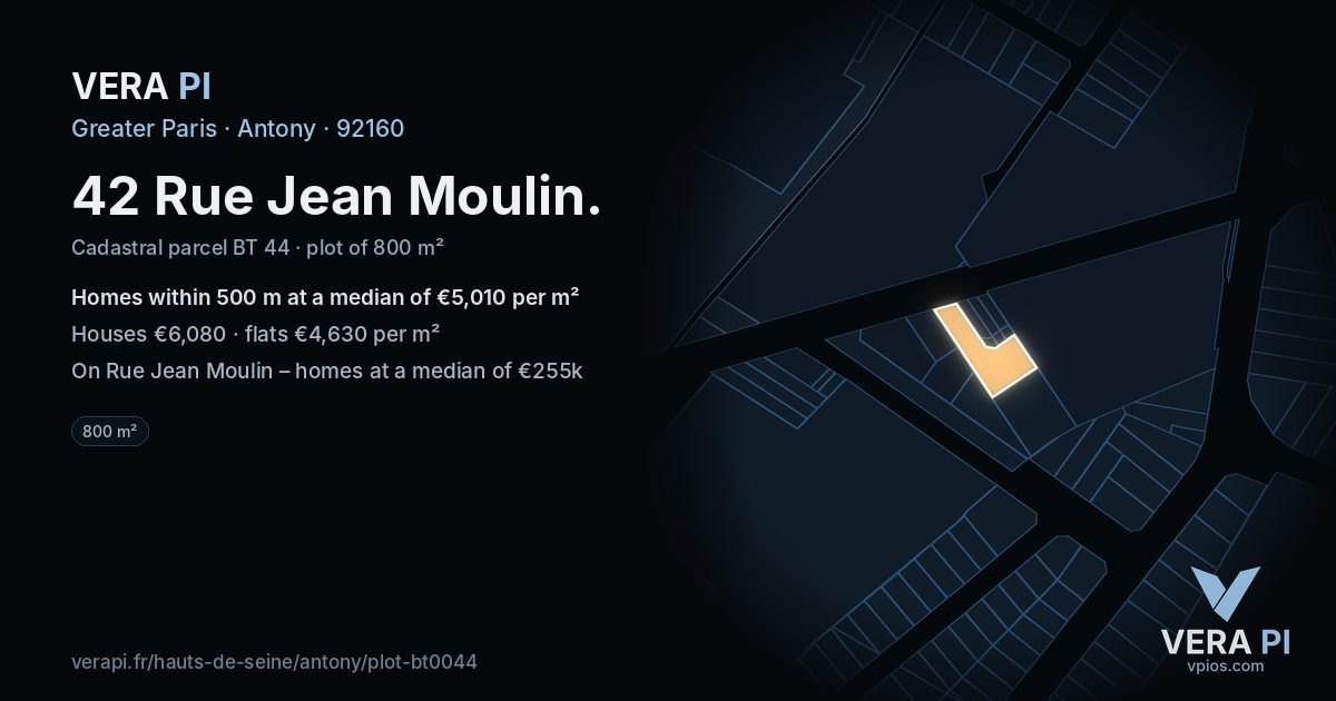 42 Rue Jean Moulin, Antony at night – the plot lit, the parcels around coloured by the prices near them