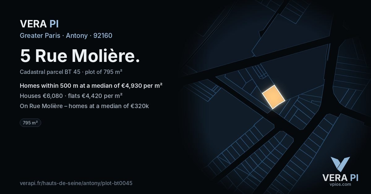 5 Rue Molière, Antony at night – the plot lit, the parcels around coloured by the prices near them