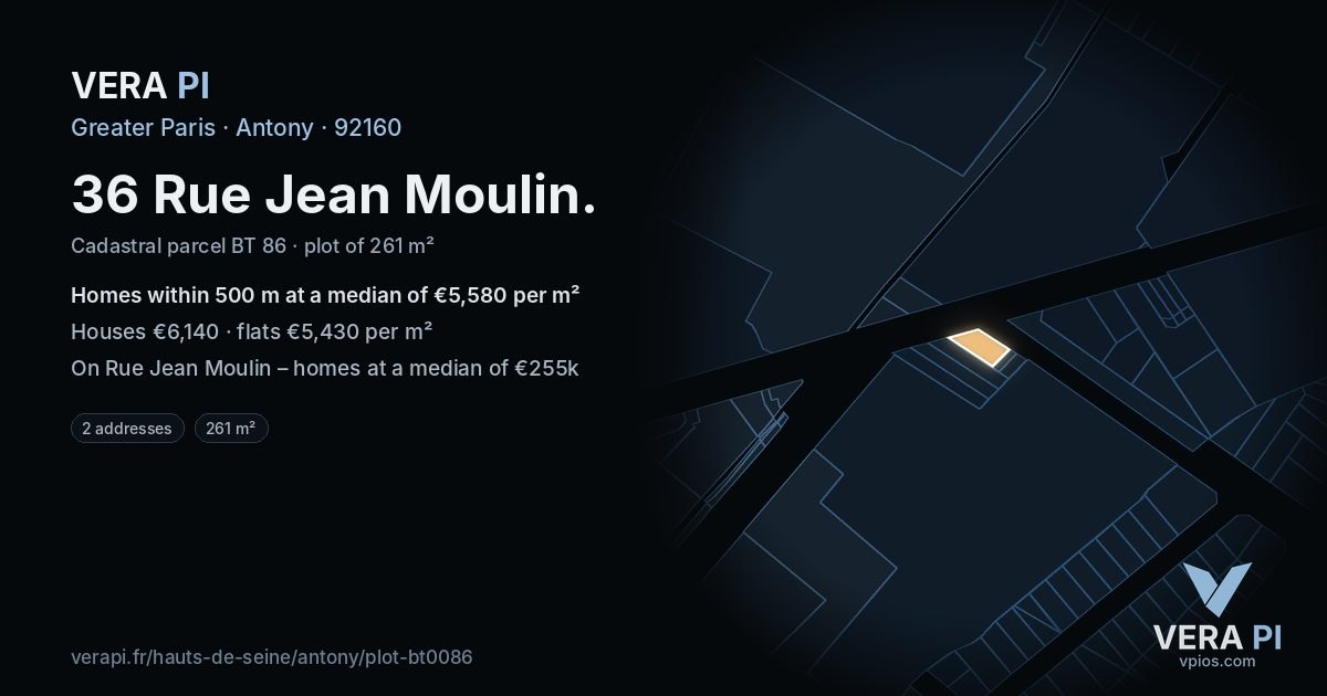 36 Rue Jean Moulin, Antony at night – the plot lit, the parcels around coloured by the prices near them