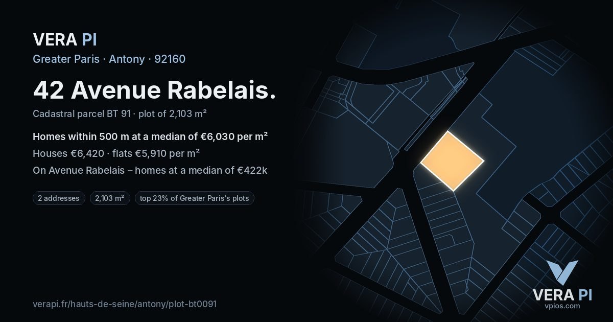 42 Avenue Rabelais, Antony at night – the plot lit, the parcels around coloured by the prices near them