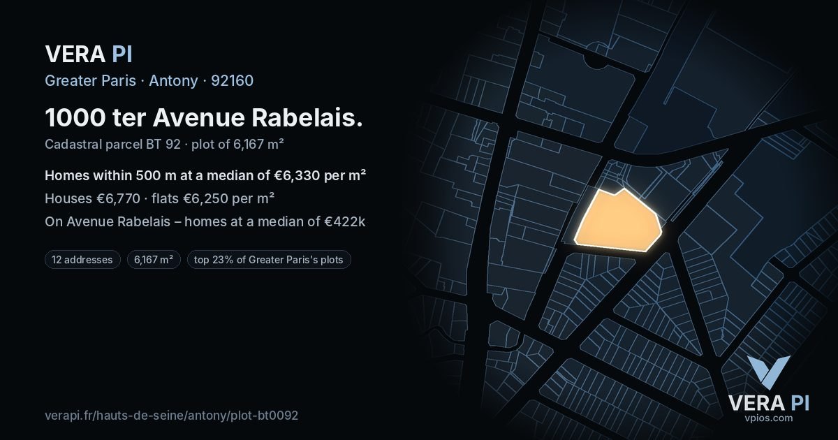 1000 ter Avenue Rabelais, Antony at night – the plot lit, the parcels around coloured by the prices near them