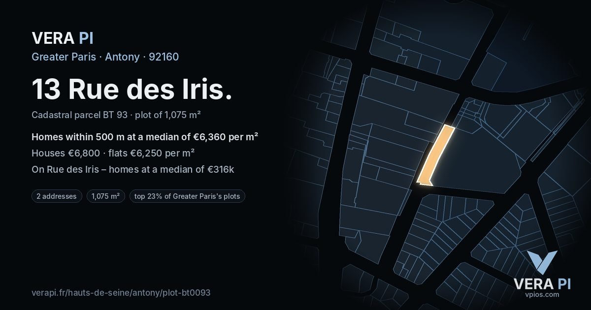 13 Rue des Iris, Antony at night – the plot lit, the parcels around coloured by the prices near them