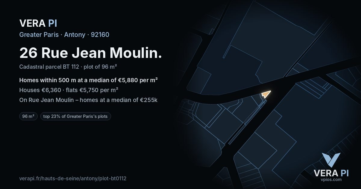 26 Rue Jean Moulin, Antony at night – the plot lit, the parcels around coloured by the prices near them