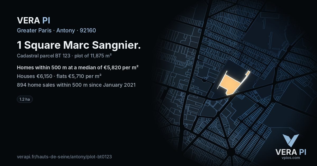1 Square Marc Sangnier, Antony at night – the plot lit, the parcels around coloured by the prices near them