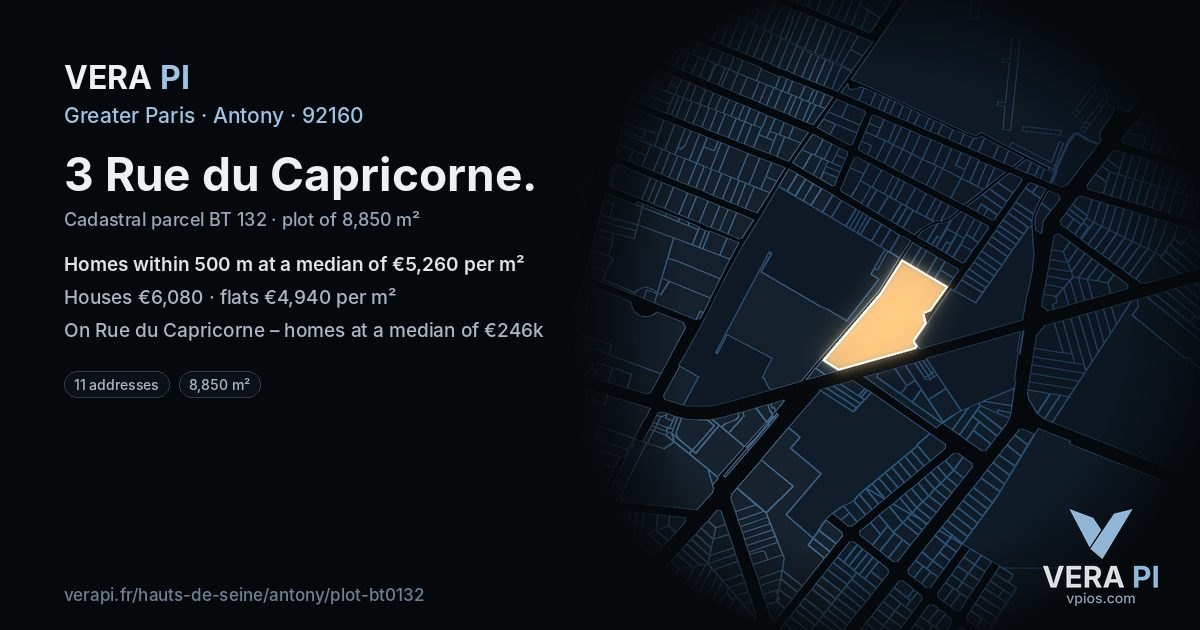 3 Rue du Capricorne, Antony at night – the plot lit, the parcels around coloured by the prices near them