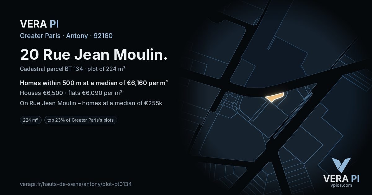 20 Rue Jean Moulin, Antony at night – the plot lit, the parcels around coloured by the prices near them